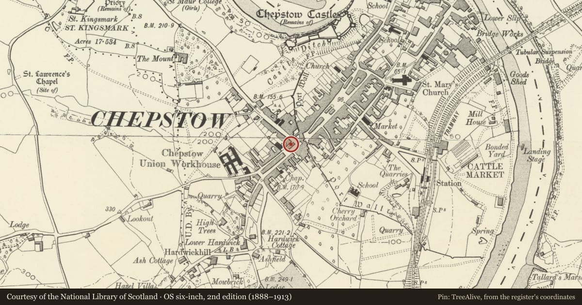 Ordnance Survey six-inch map, 2nd edition (1888–1913) covering the location of 22, 23&23a, Chepstow, Monmouthshire, with a pin at the register's coordinates