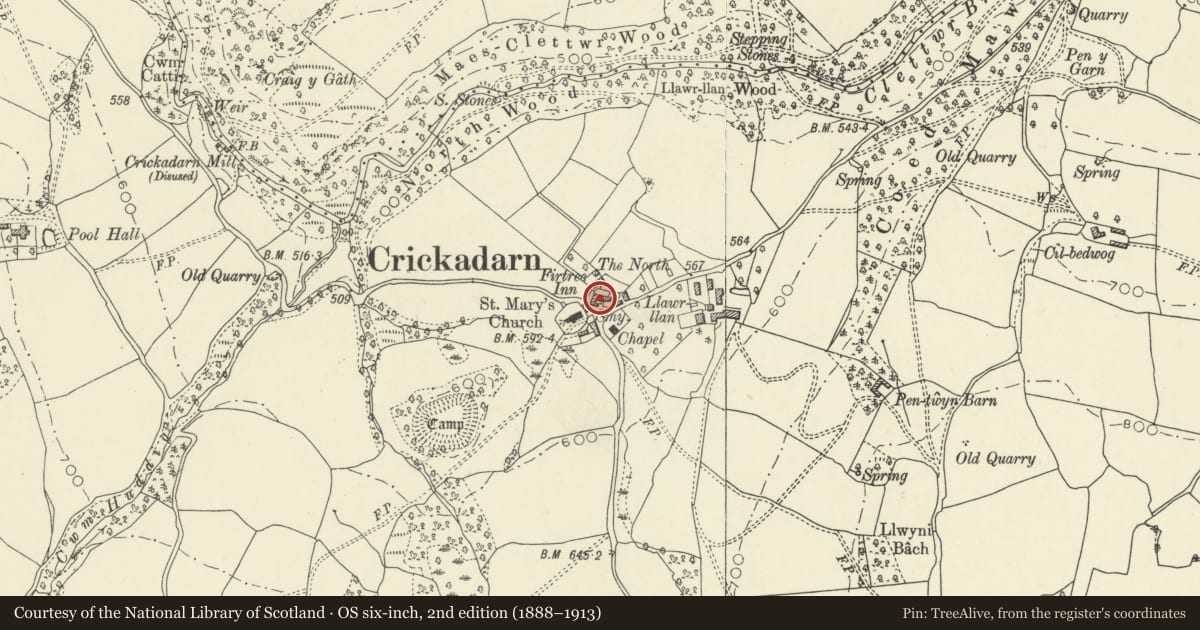 Ordnance Survey six-inch map, 2nd edition (1888–1913) covering the location of The Fir Tree including stone front wall to garden, Erwood, Powys, with a pin at the register's coordinates