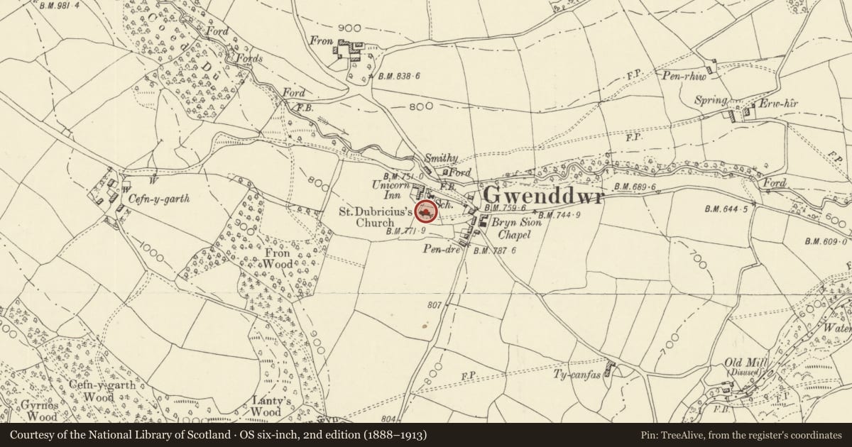 Ordnance Survey six-inch map, 2nd edition (1888–1913) covering the location of Church of St Dubricius, Erwood, Powys, with a pin at the register's coordinates