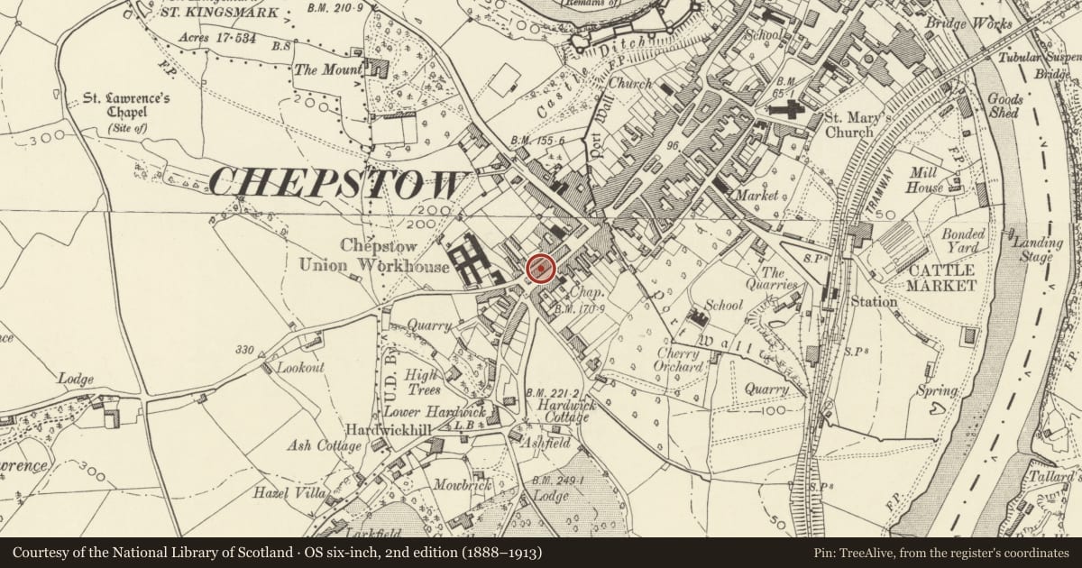 Ordnance Survey six-inch map, 2nd edition (1888–1913) covering the location of 35 Moor Street, Chepstow, Monmouthshire, with a pin at the register's coordinates