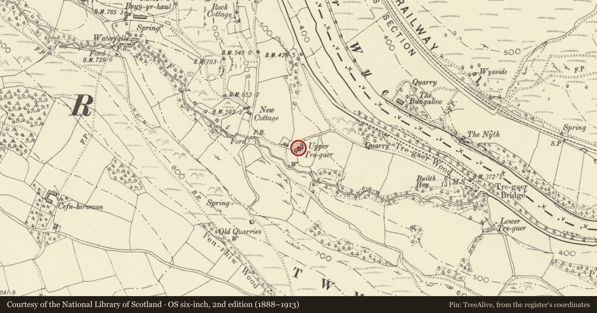 Ordnance Survey six-inch map, 2nd edition (1888–1913) covering the location of Barn and stable ranges at Tregare, Erwood, Powys, with a pin at the register's coordinates