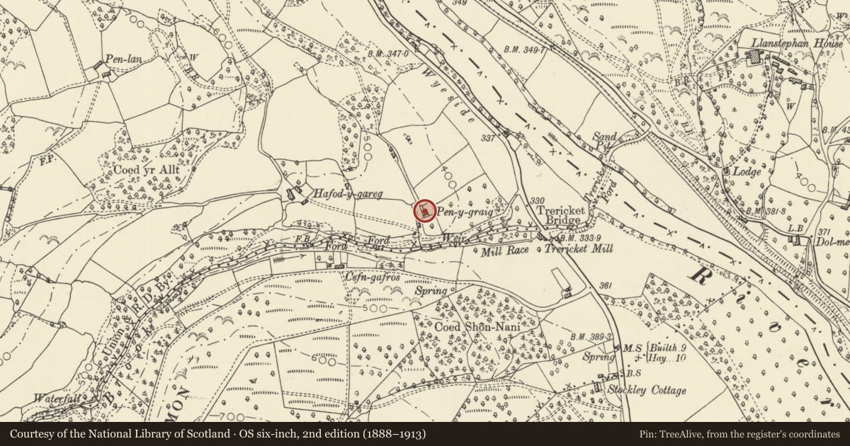 Ordnance Survey six-inch map, 2nd edition (1888–1913) covering the location of Penygraig, Erwood, Powys, with a pin at the register's coordinates