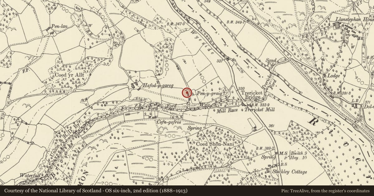 Ordnance Survey six-inch map, 2nd edition (1888–1913) covering the location of Barn range at Penygraig, Erwood, Powys, with a pin at the register's coordinates