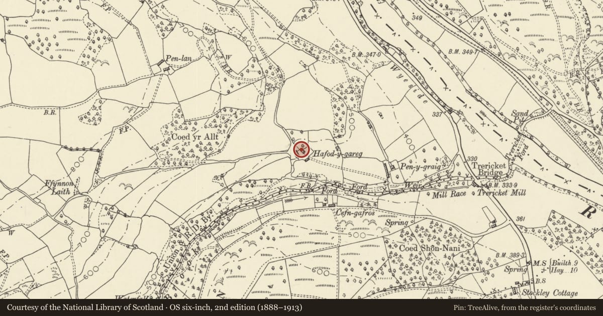 Ordnance Survey six-inch map, 2nd edition (1888–1913) covering the location of Hafod y Garreg, Erwood, Powys, with a pin at the register's coordinates