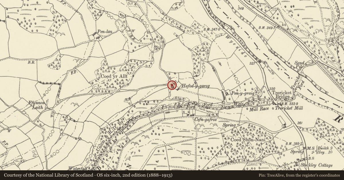 Ordnance Survey six-inch map, 2nd edition (1888–1913) covering the location of Barn range at Hafod y Garreg, Erwood, Powys, with a pin at the register's coordinates
