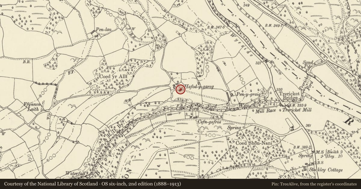 Ordnance Survey six-inch map, 2nd edition (1888–1913) covering the location of Outbuilding at Hafod y Garreg, Erwood, Powys, with a pin at the register's coordinates