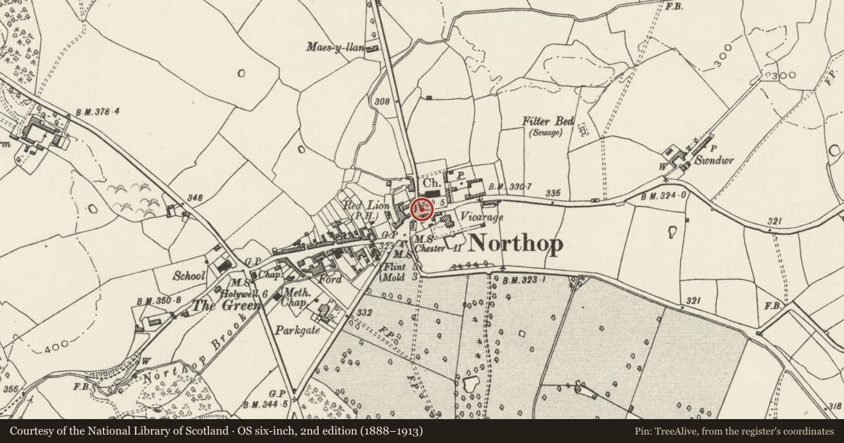 Ordnance Survey six-inch map, 2nd edition (1888–1913) covering the location of Entrance Piers, Gates and Boundary Wall to Church of St Eurgain and St Peter, Northop, Flintshire, with a pin at the register's coordinates