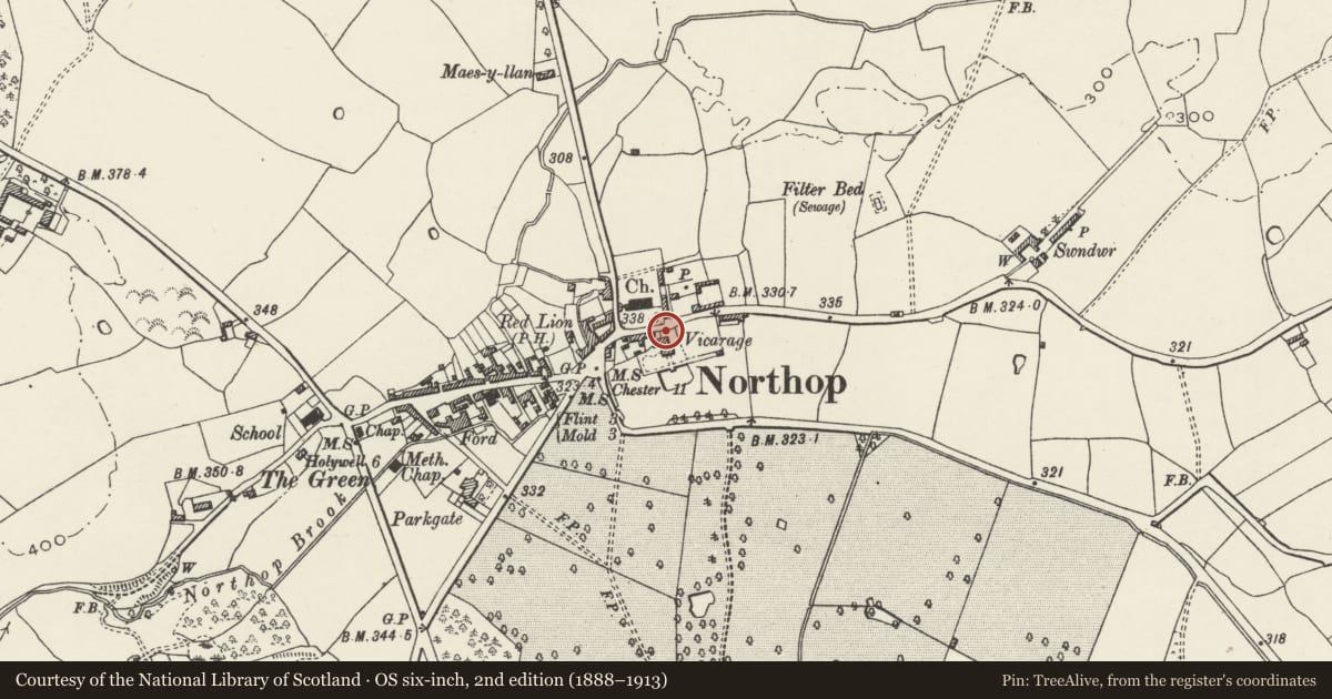 Ordnance Survey six-inch map, 2nd edition (1888–1913) covering the location of Boundary Wall to N of Lislea House, Northop, Flintshire, with a pin at the register's coordinates