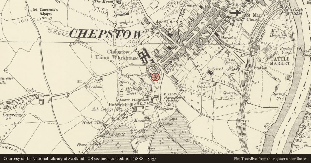 Ordnance Survey six-inch map, 2nd edition (1888–1913) covering the location of 2 Mount Pleasant, Chepstow, Monmouthshire, with a pin at the register's coordinates