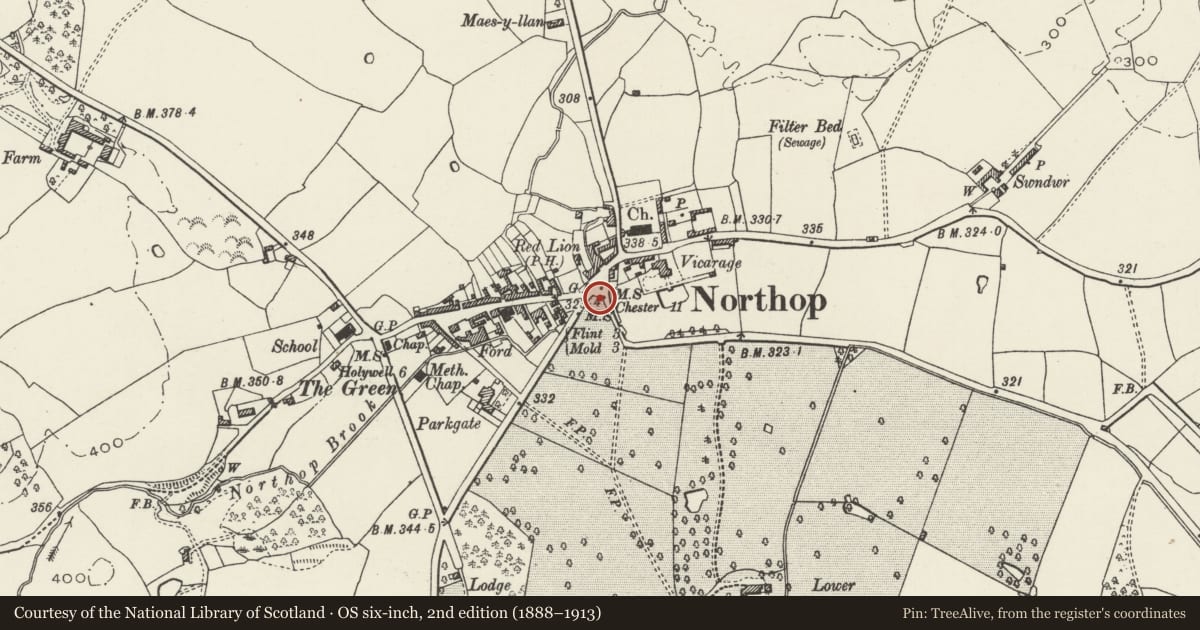 Ordnance Survey six-inch map, 2nd edition (1888–1913) covering the location of Milestone, Northop, Flintshire, with a pin at the register's coordinates