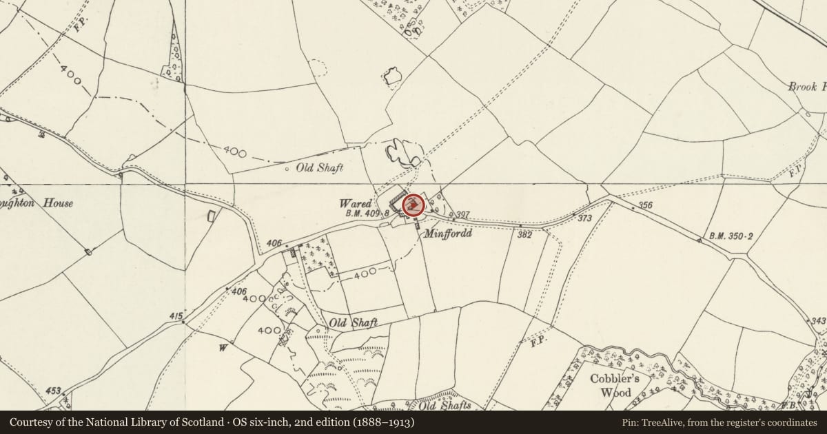 Ordnance Survey six-inch map, 2nd edition (1888–1913) covering the location of Greenbank Farm Farmhouse, Northop, Flintshire, with a pin at the register's coordinates