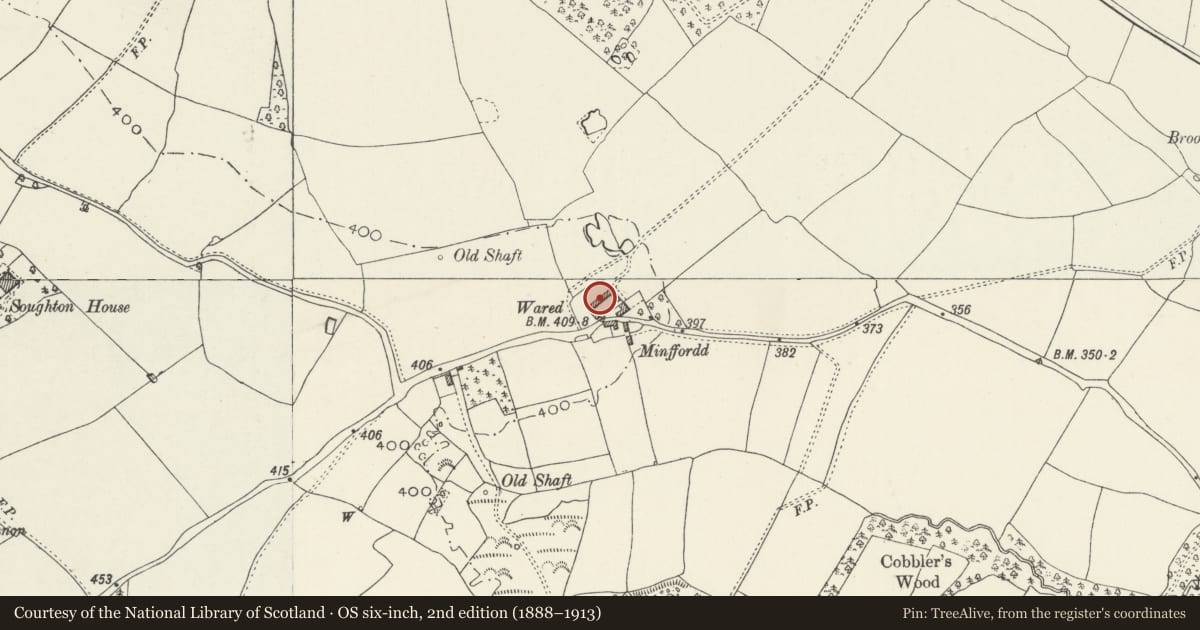 Ordnance Survey six-inch map, 2nd edition (1888–1913) covering the location of Farm Building at Greenbank Farm, Northop, Flintshire, with a pin at the register's coordinates