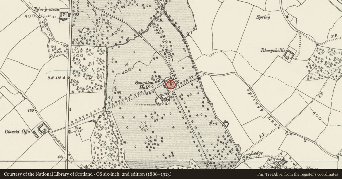 Ordnance Survey six-inch map, 2nd edition (1888–1913) covering the location of Well Head at Soughton Hall, Northop, Flintshire, with a pin at the register's coordinates