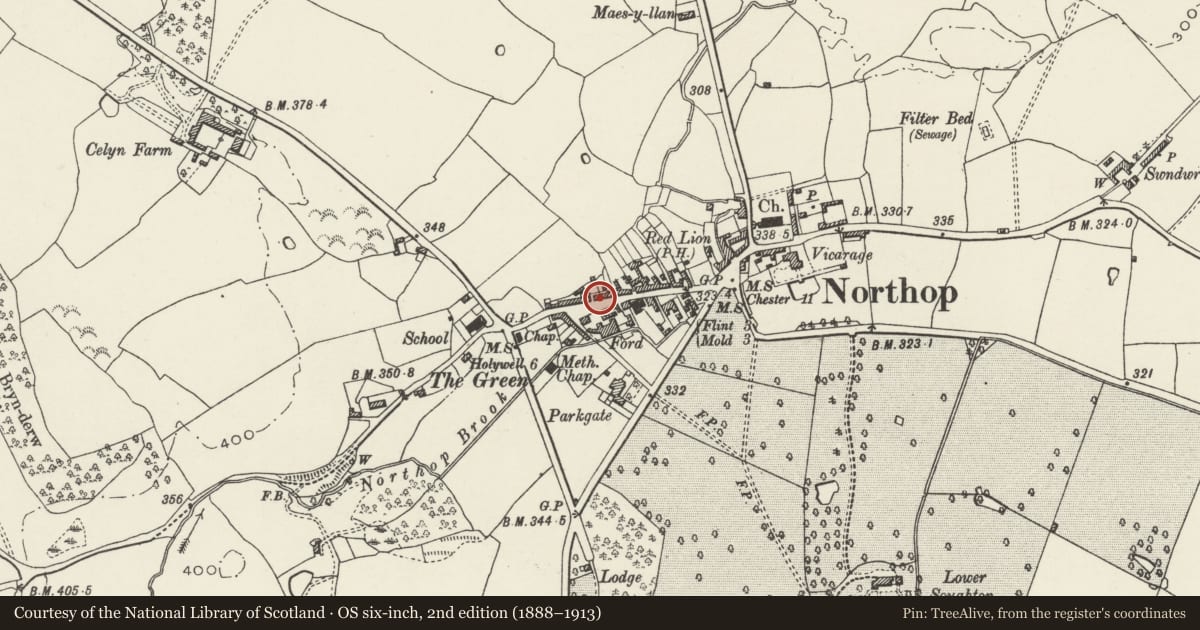 Ordnance Survey six-inch map, 2nd edition (1888–1913) covering the location of Westminster House, Northop, Flintshire, with a pin at the register's coordinates
