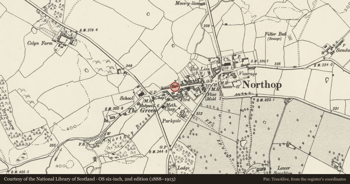 Ordnance Survey six-inch map, 2nd edition (1888–1913) covering the location of Stable and Coach-house at Westminster House, Northop, Flintshire, with a pin at the register's coordinates