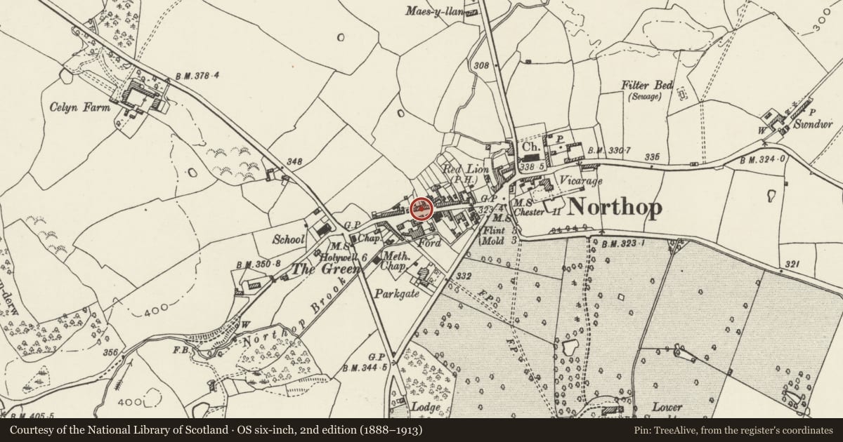 Ordnance Survey six-inch map, 2nd edition (1888–1913) covering the location of Northop Social Club, Grosvenor House, Flintshire, with a pin at the register's coordinates
