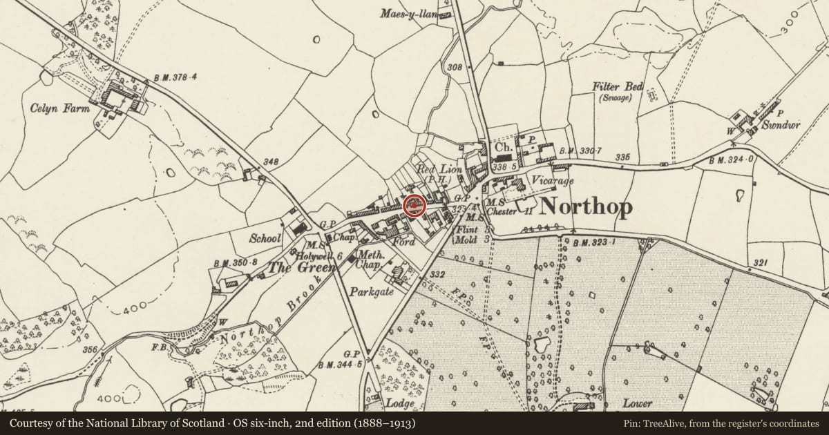 Ordnance Survey six-inch map, 2nd edition (1888–1913) covering the location of Glyndwr House, Northop, Flintshire, with a pin at the register's coordinates