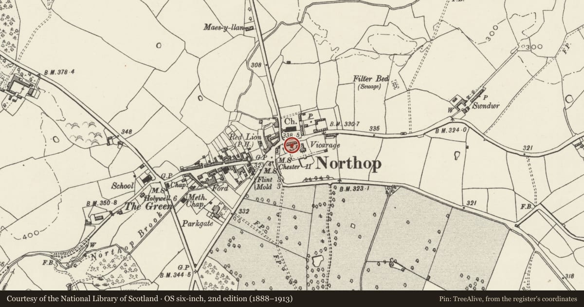 Ordnance Survey six-inch map, 2nd edition (1888–1913) covering the location of Old Court House, Northop, Flintshire, with a pin at the register's coordinates