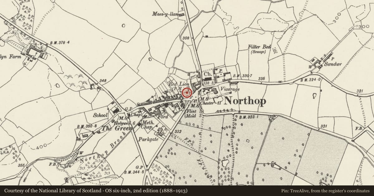 Ordnance Survey six-inch map, 2nd edition (1888–1913) covering the location of The Edith Bankes Memorial Institute, Northop, Flintshire, with a pin at the register's coordinates