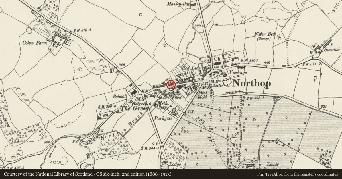 Ordnance Survey six-inch map, 2nd edition (1888–1913) covering the location of Westminster Buildings, Northop, Flintshire, with a pin at the register's coordinates