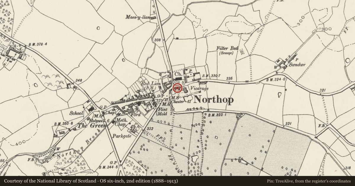 Ordnance Survey six-inch map, 2nd edition (1888–1913) covering the location of Old Police Station, Northop, Flintshire, with a pin at the register's coordinates