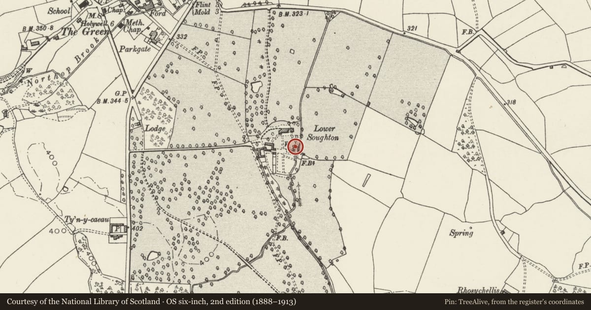 Ordnance Survey six-inch map, 2nd edition (1888–1913) covering the location of Bath-house at Lower Soughton Hall, Northop, Flintshire, with a pin at the register's coordinates