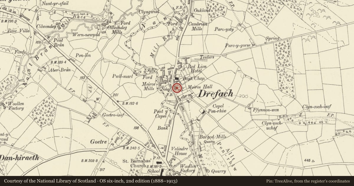 Ordnance Survey six-inch map, 2nd edition (1888–1913) covering the location of Greenfield, Llangeler, Carmarthenshire, with a pin at the register's coordinates