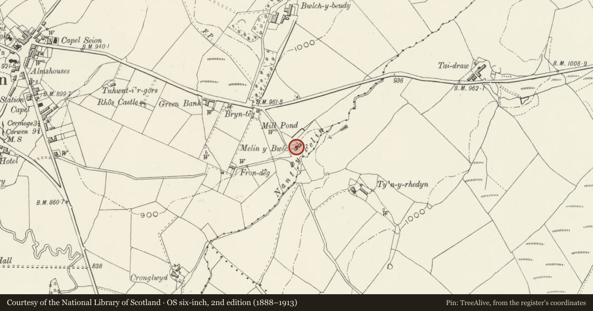 Ordnance Survey six-inch map, 2nd edition (1888–1913) covering the location of Melin y Bwlch, Cerrigydrudion, Conwy, with a pin at the register's coordinates
