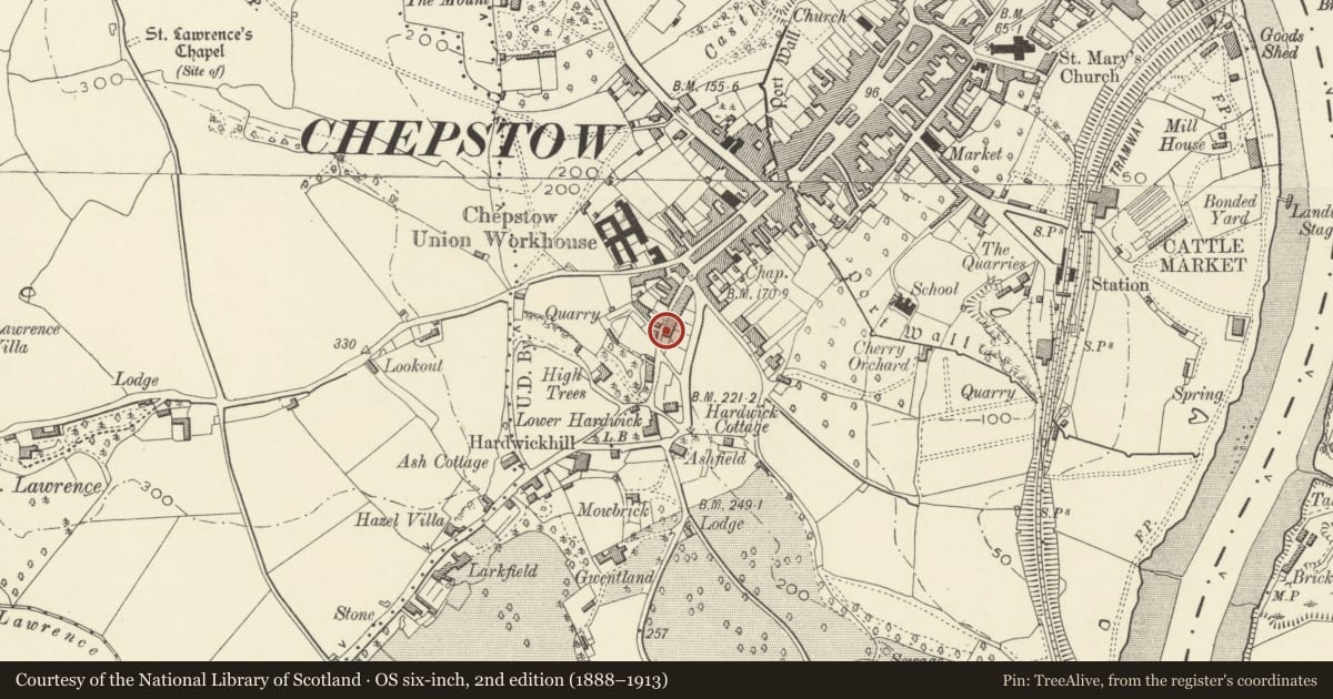 Ordnance Survey six-inch map, 2nd edition (1888–1913) covering the location of Hathaway House, Chepstow, Monmouthshire, with a pin at the register's coordinates