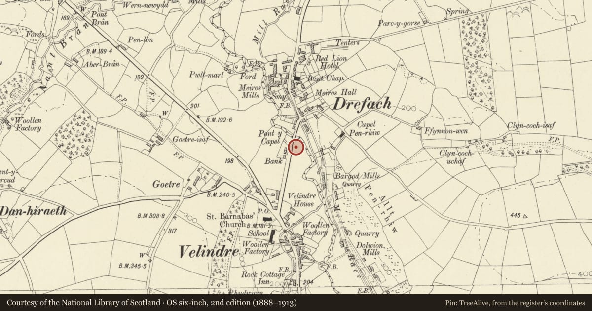 Ordnance Survey six-inch map, 2nd edition (1888–1913) covering the location of Water pump, Llangeler, Carmarthenshire, with a pin at the register's coordinates