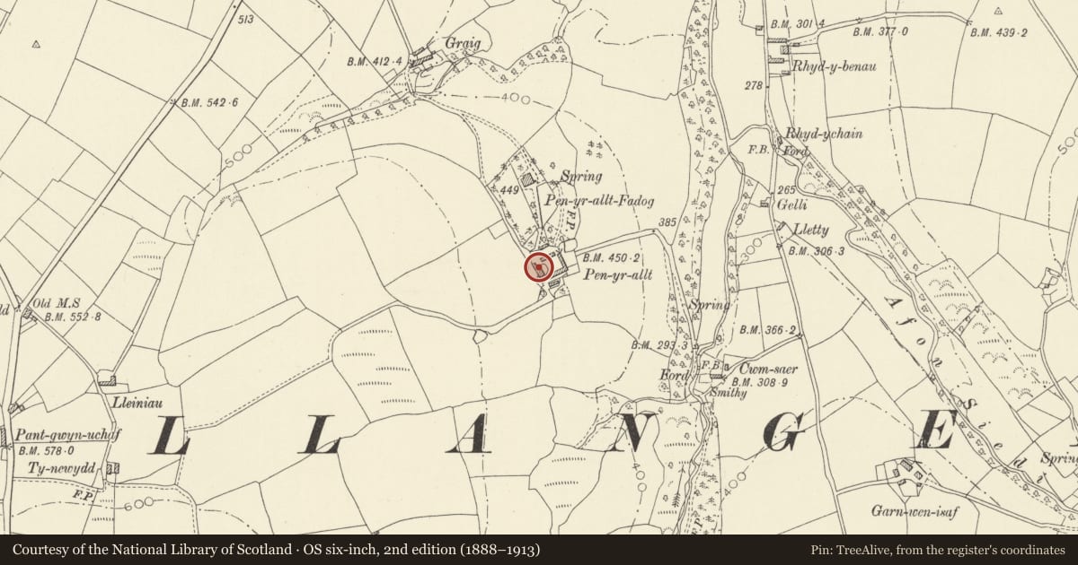 Ordnance Survey six-inch map, 2nd edition (1888–1913) covering the location of Penyrallt Home Farm Farmhouse, Llangeler, Carmarthenshire, with a pin at the register's coordinates