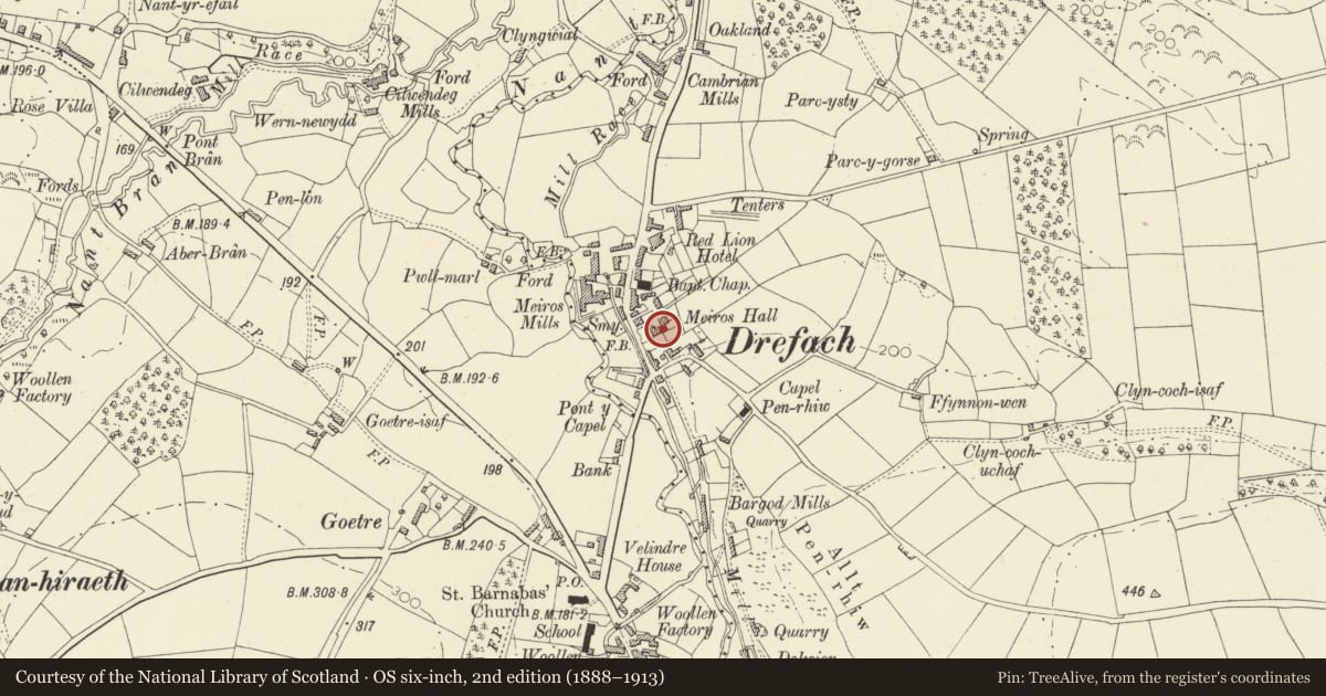 Ordnance Survey six-inch map, 2nd edition (1888–1913) covering the location of Meiros Hall, including attached coach-house and stable range to rear, Llangeler, Carmarthenshire, with a pin at the register's coordinates