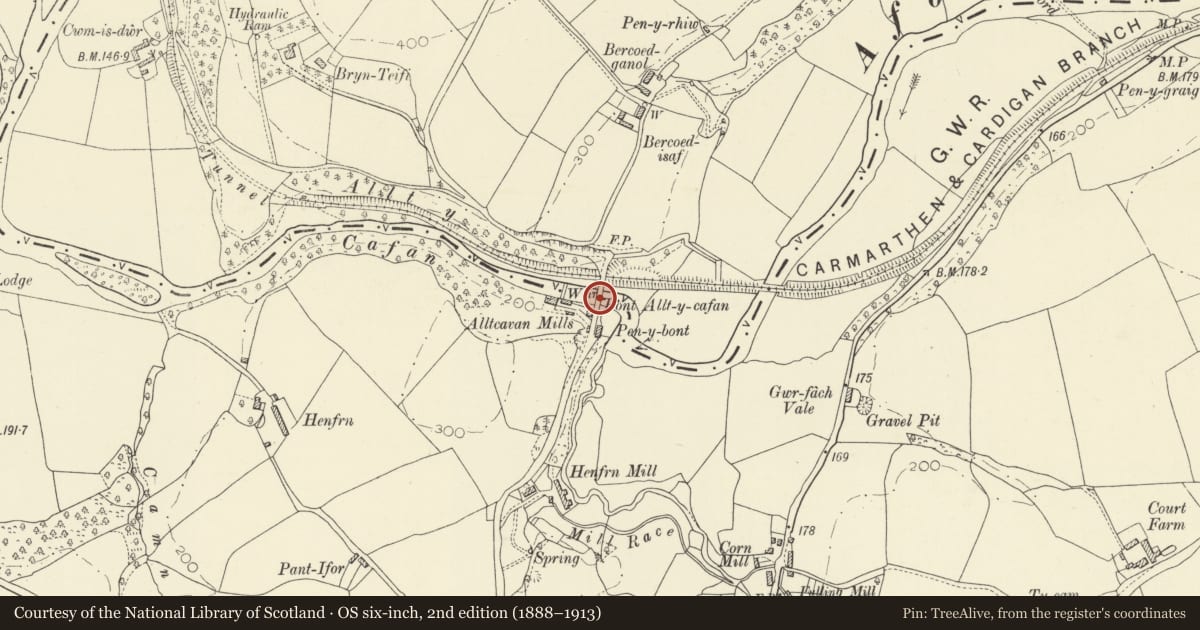 Ordnance Survey six-inch map, 2nd edition (1888–1913) covering the location of Allt-y-Cafan Bridge, Llangeler, Carmarthenshire, with a pin at the register's coordinates