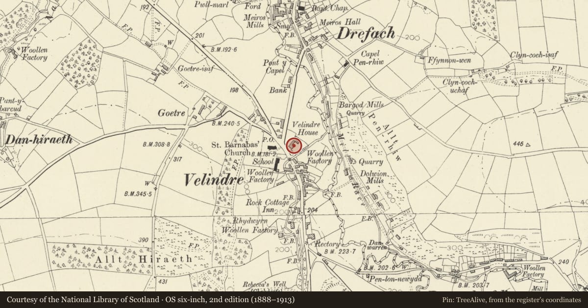 Ordnance Survey six-inch map, 2nd edition (1888–1913) covering the location of Velindre House, Llangeler, Carmarthenshire, with a pin at the register's coordinates
