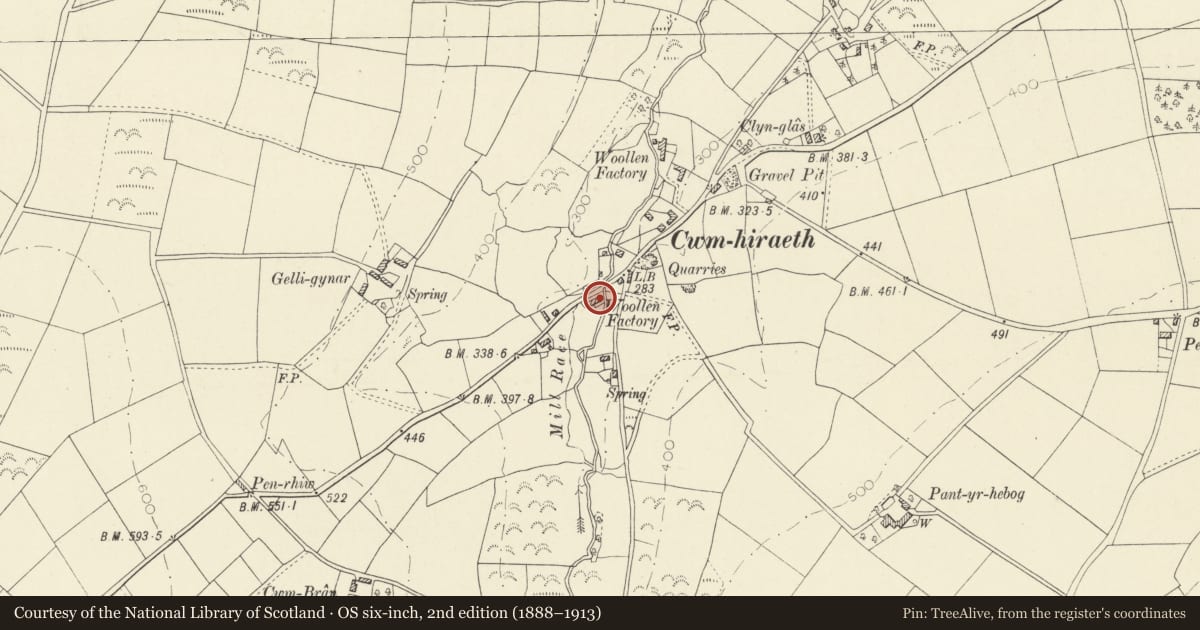 Ordnance Survey six-inch map, 2nd edition (1888–1913) covering the location of Y Felin, Llangeler, Carmarthenshire, with a pin at the register's coordinates