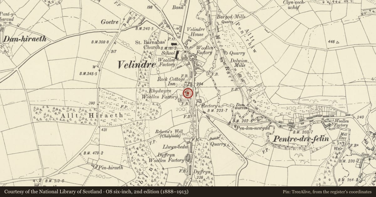 Ordnance Survey six-inch map, 2nd edition (1888–1913) covering the location of Rhydwern Mill, Llangeler, Carmarthenshire, with a pin at the register's coordinates