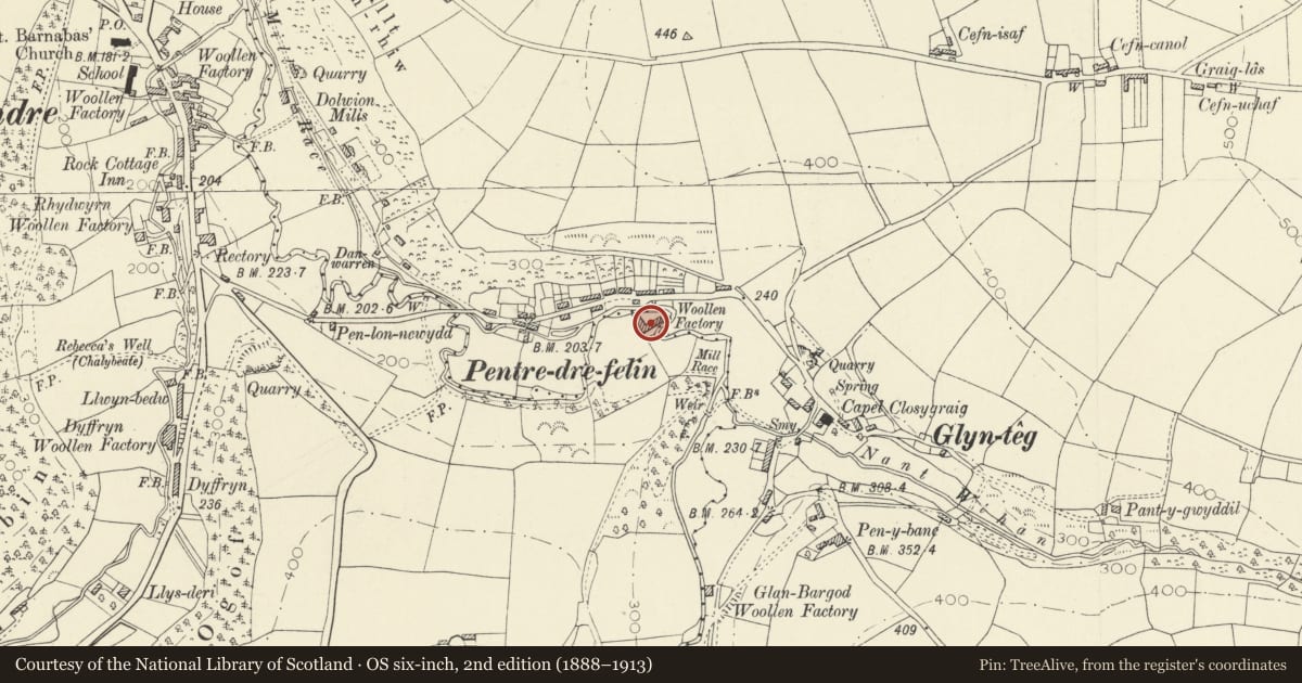 Ordnance Survey six-inch map, 2nd edition (1888–1913) covering the location of Dolgoch Mill, Llangeler, Carmarthenshire, with a pin at the register's coordinates