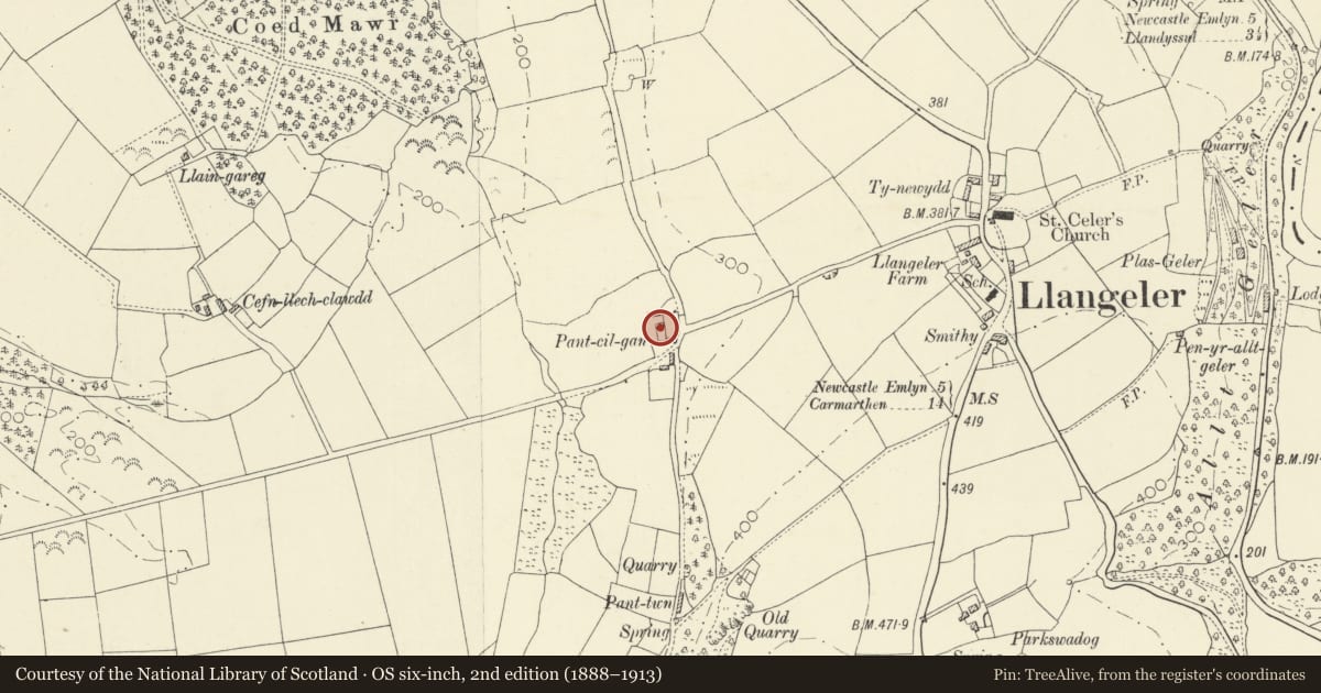Ordnance Survey six-inch map, 2nd edition (1888–1913) covering the location of Pantcilgan, Llangeler, Carmarthenshire, with a pin at the register's coordinates