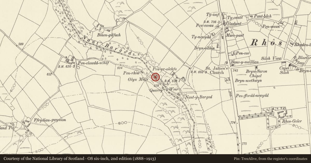 Ordnance Survey six-inch map, 2nd edition (1888–1913) covering the location of Min-yr-Afon, Llangeler, Carmarthenshire, with a pin at the register's coordinates