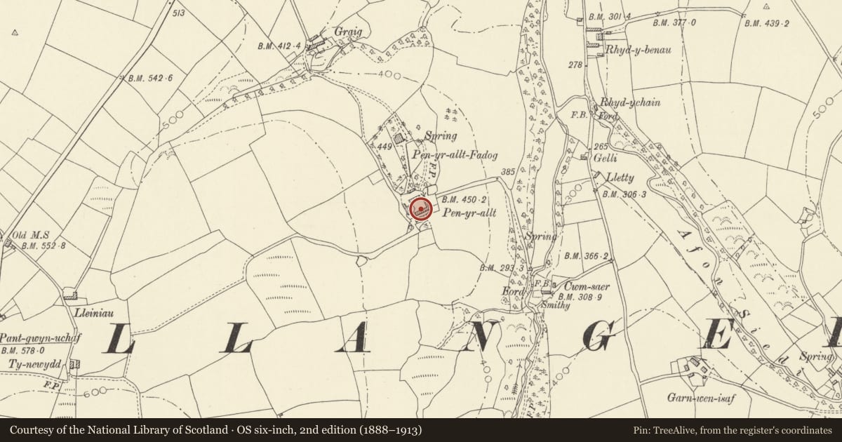 Ordnance Survey six-inch map, 2nd edition (1888–1913) covering the location of Barn range at Penyrallt Home Farm, Llangeler, Carmarthenshire, with a pin at the register's coordinates