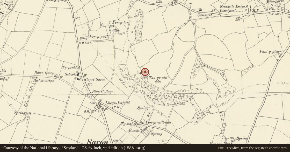 Ordnance Survey six-inch map, 2nd edition (1888–1913) covering the location of Tanralltddu, Llangeler, Carmarthenshire, with a pin at the register's coordinates
