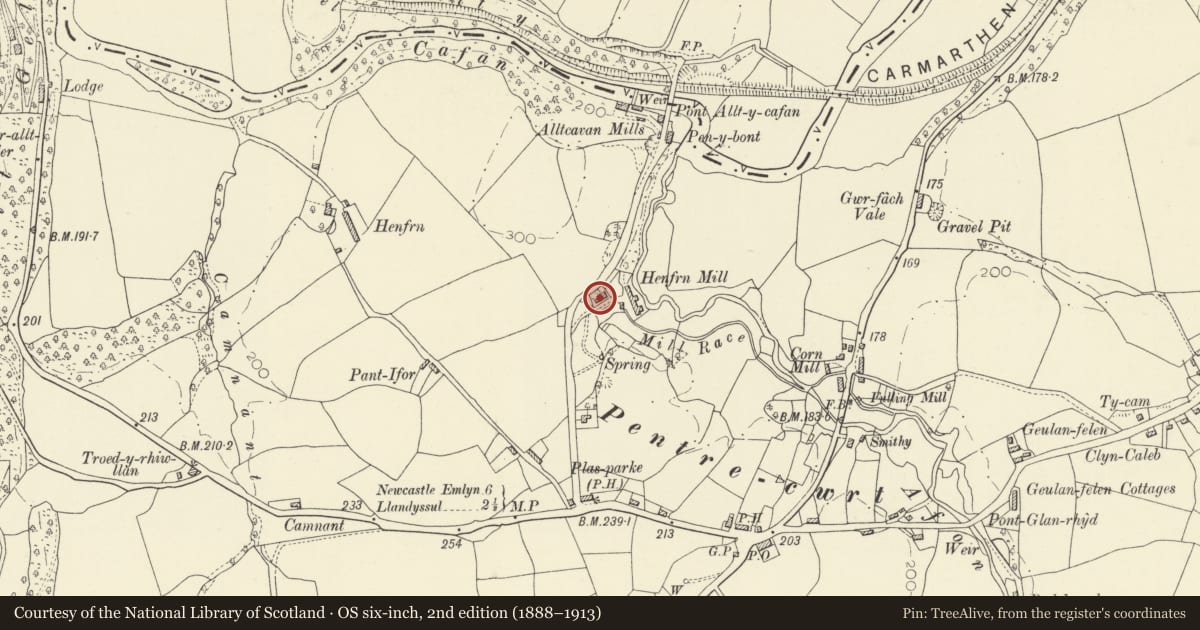 Ordnance Survey six-inch map, 2nd edition (1888–1913) covering the location of Henfryn Cottage, Llangeler, Carmarthenshire, with a pin at the register's coordinates