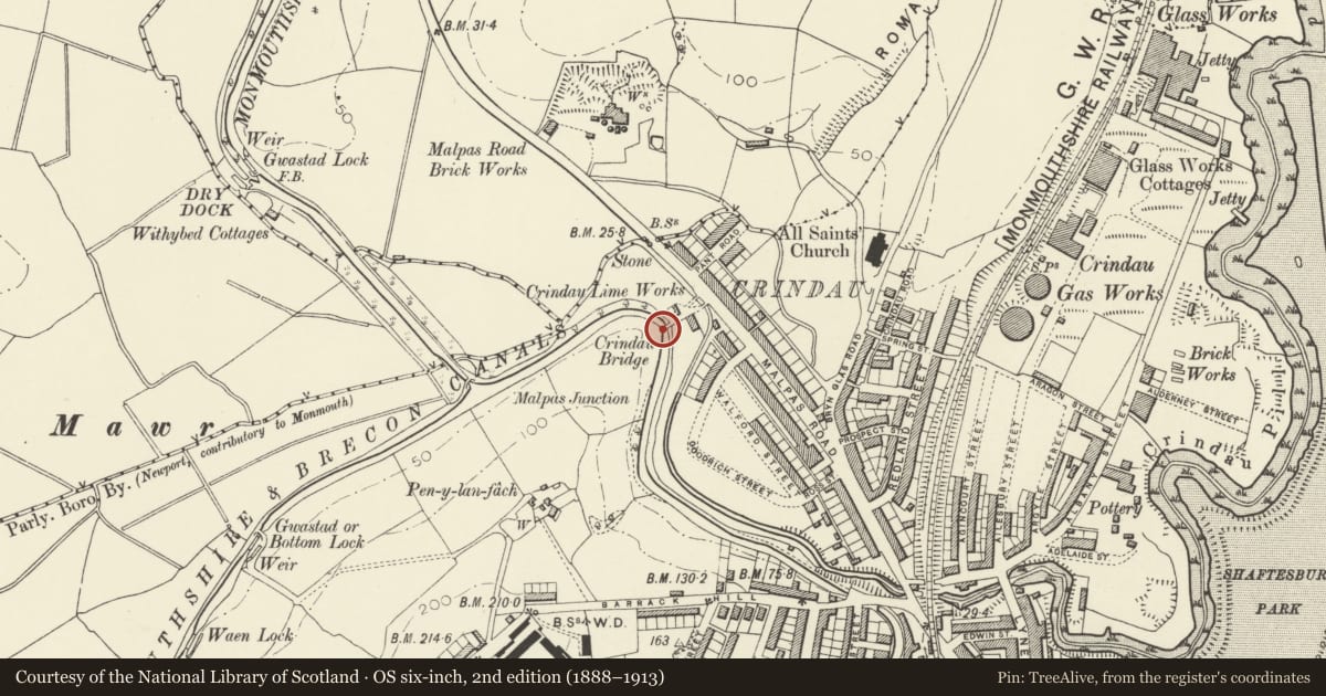 Ordnance Survey six-inch map, 2nd edition (1888–1913) covering the location of Crindau Bridge, Monmouthshire and Brecon Canal (partly in Allt yr yn community), Shaftesbury, Newport, with a pin at the register's coordinates