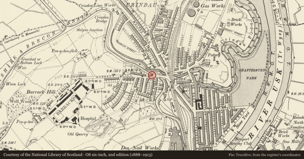 Ordnance Survey six-inch map, 2nd edition (1888–1913) covering the location of Barrack Hill Canal Tunnel Portal, Shaftesbury, Newport, with a pin at the register's coordinates