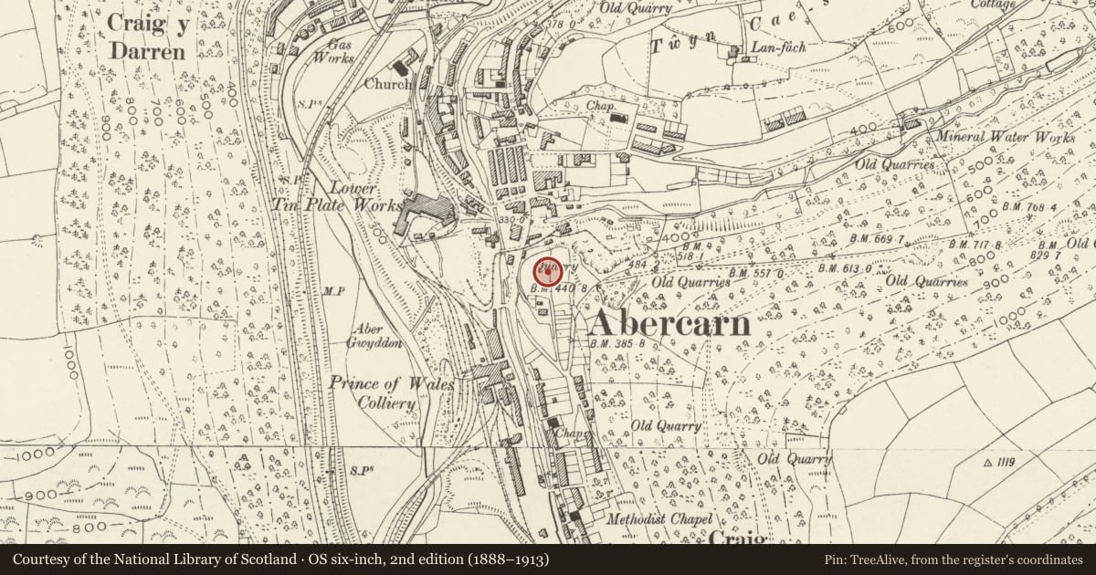 Ordnance Survey six-inch map, 2nd edition (1888–1913) covering the location of The Gables, Abercarn, Caerphilly, with a pin at the register's coordinates