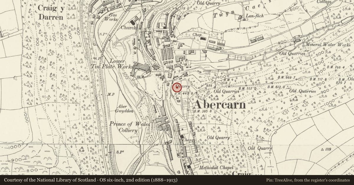 Ordnance Survey six-inch map, 2nd edition (1888–1913) covering the location of Terraced steps at The Gables, Abercarn, Caerphilly, with a pin at the register's coordinates