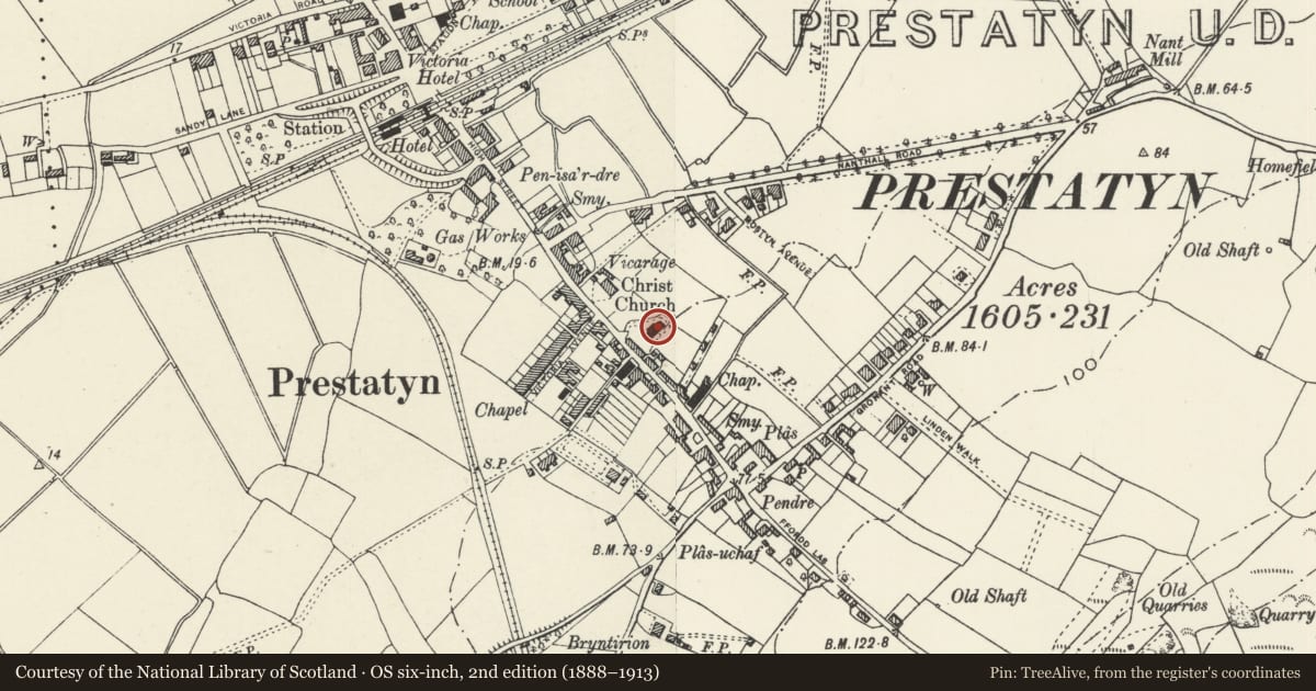 Ordnance Survey six-inch map, 2nd edition (1888–1913) covering the location of Christ Church, Prestatyn, Denbighshire, with a pin at the register's coordinates