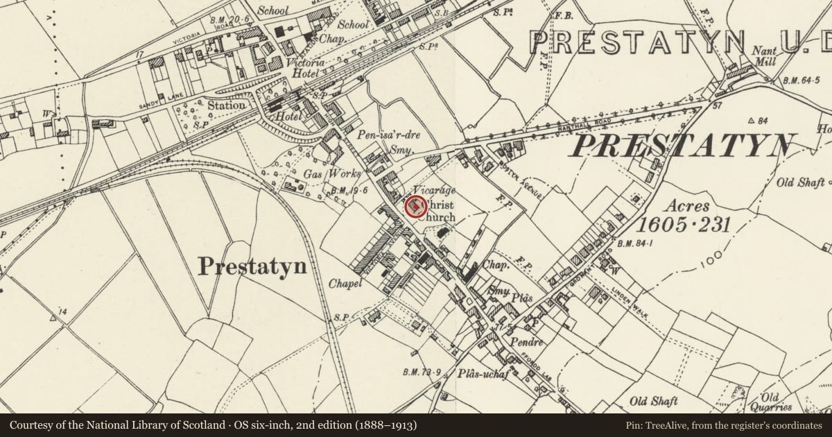 Ordnance Survey six-inch map, 2nd edition (1888–1913) covering the location of Christ Church Vicarage, Prestatyn, Denbighshire, with a pin at the register's coordinates