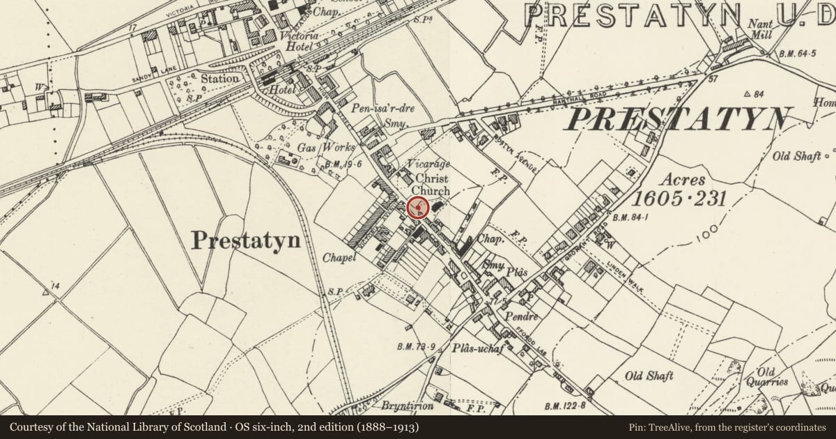 Ordnance Survey six-inch map, 2nd edition (1888–1913) covering the location of Lychgate at Christ Church, Prestatyn, Denbighshire, with a pin at the register's coordinates
