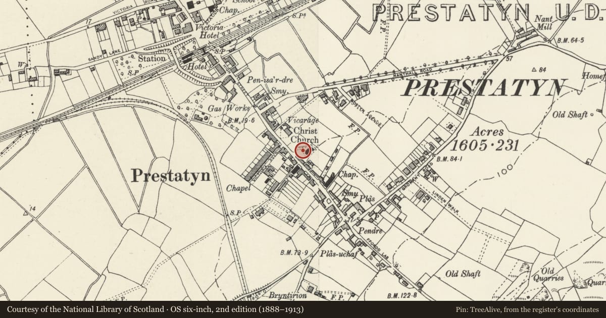 Ordnance Survey six-inch map, 2nd edition (1888–1913) covering the location of War Memorial at Christ Church, Prestatyn, Denbighshire, with a pin at the register's coordinates